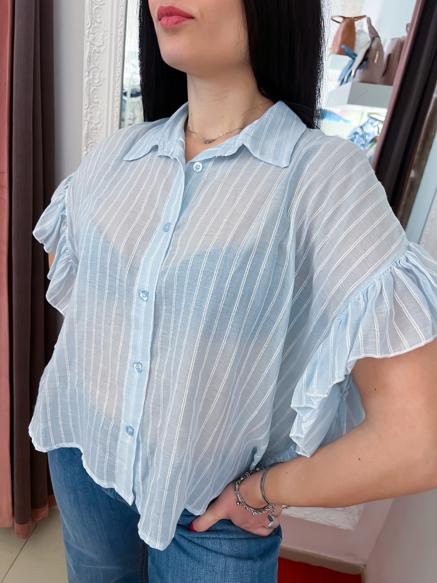 Camicia voile righe con rouches