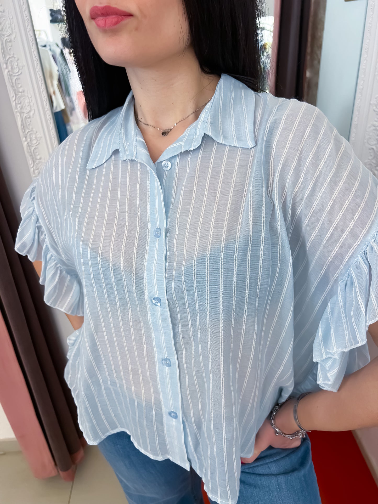 Camicia voile righe con rouches