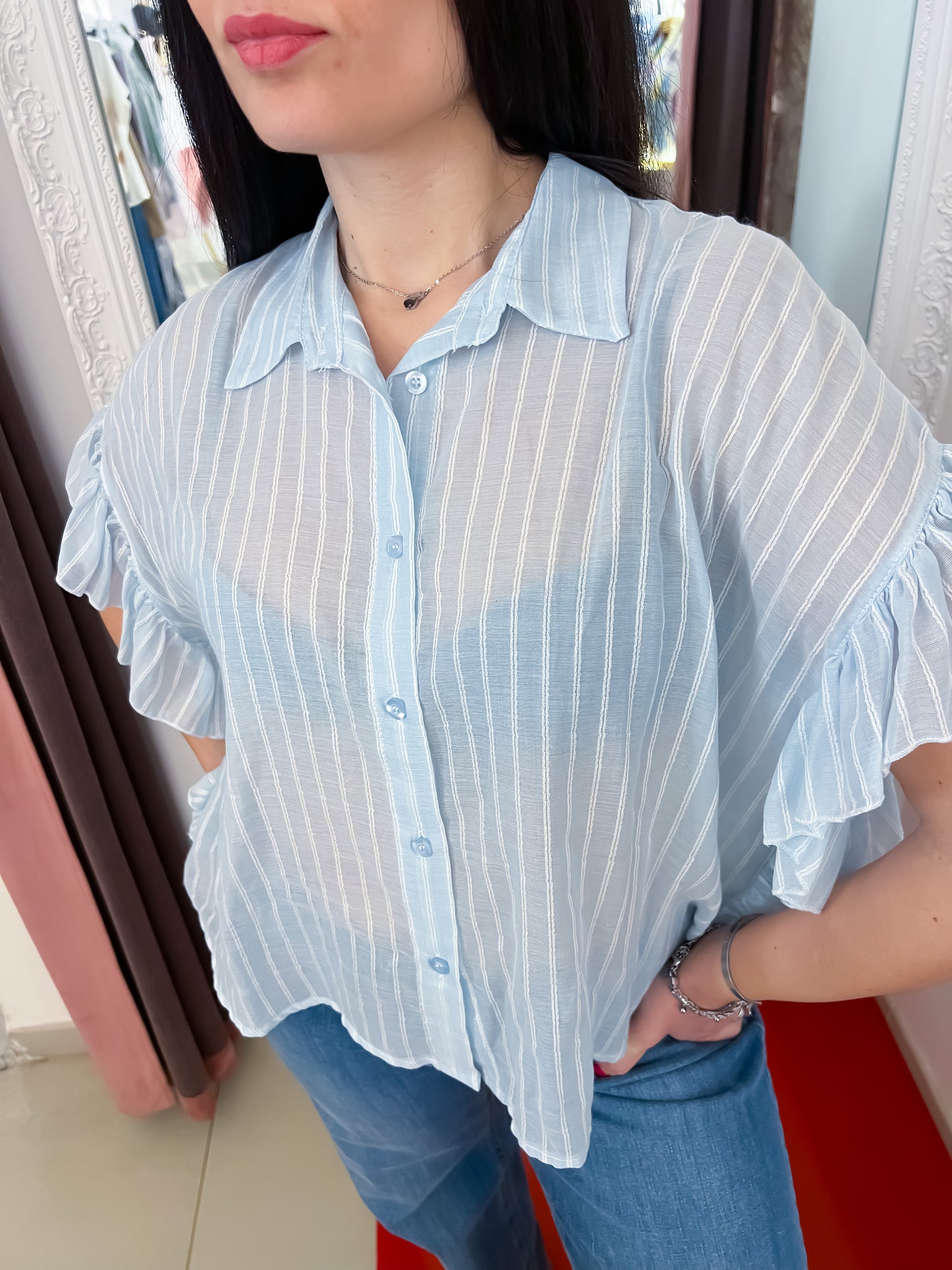 Camicia voile righe con rouches