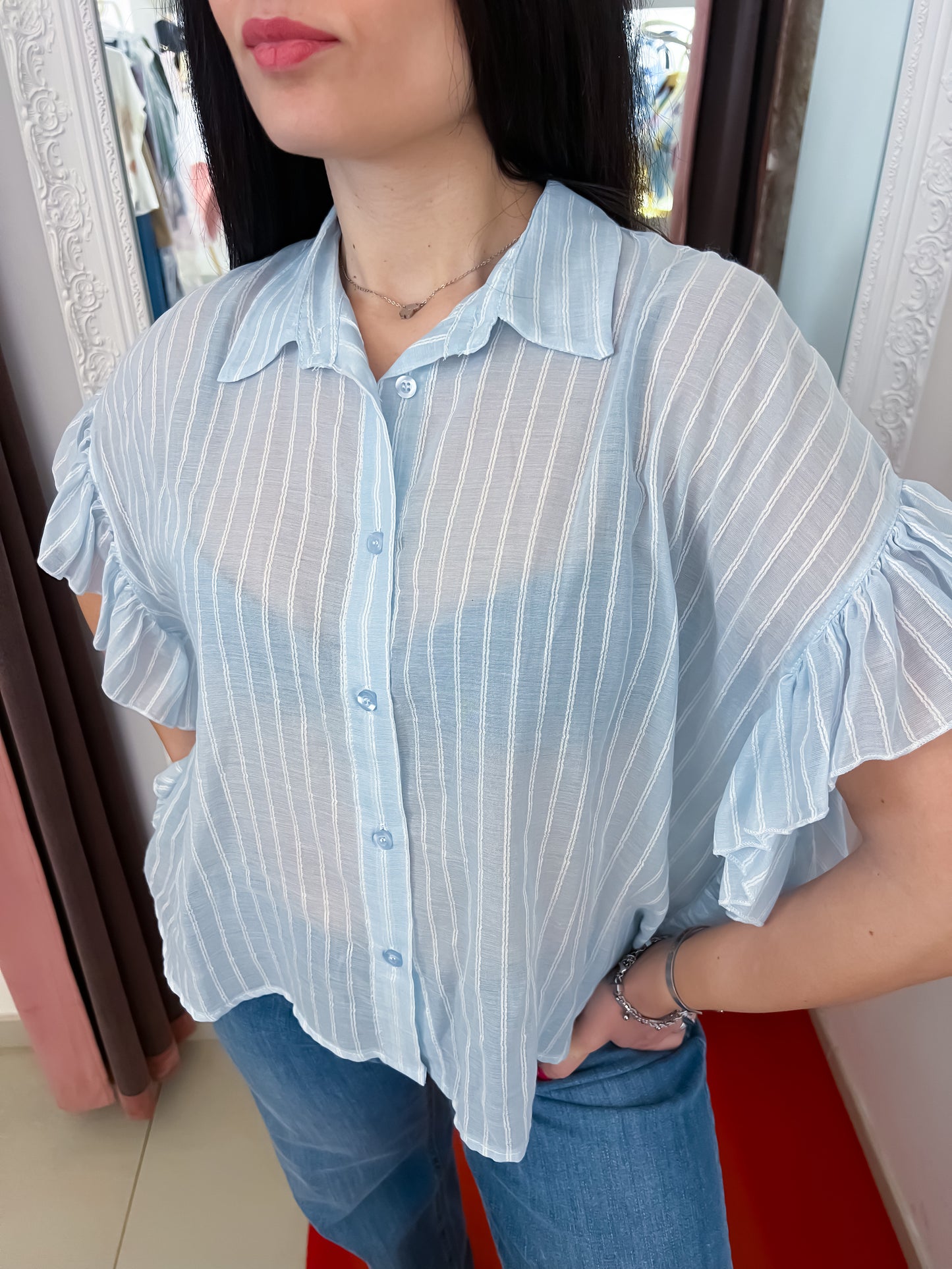 Camicia voile righe con rouches