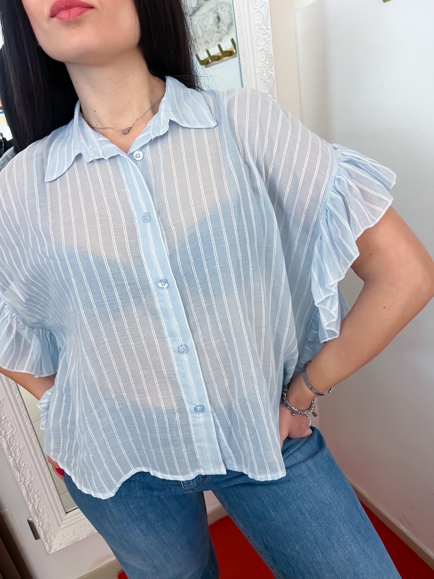 Camicia voile righe con rouches